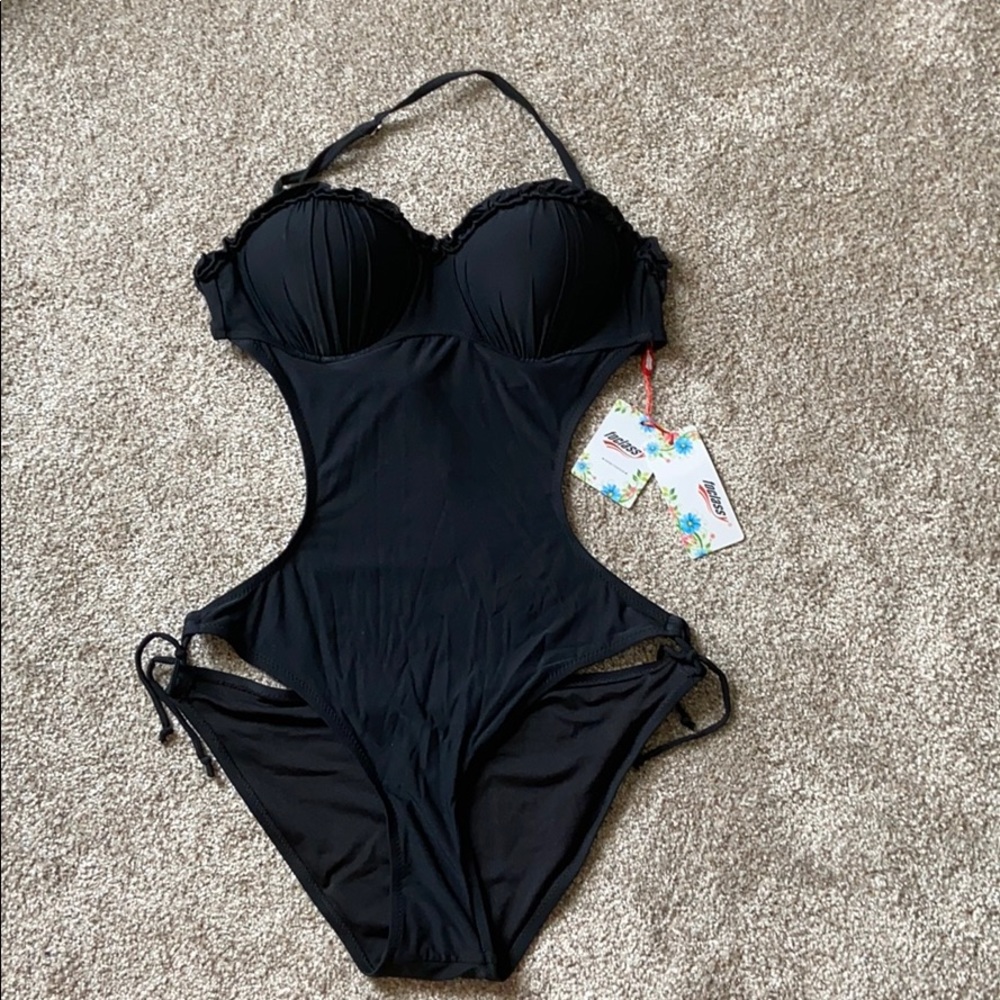 Black, one piece bathing suit.